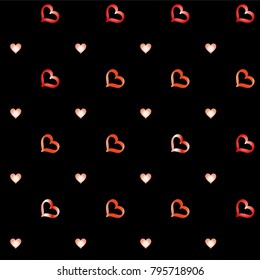 Seamless Valentines day background with random hand drawn falling red hearts isolated on black.