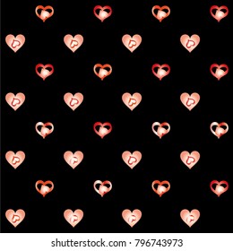 Seamless Valentines day background with random hand drawn falling red hearts isolated on black.