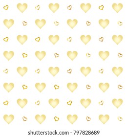 Seamless Valentines day background with random hand drawn falling golden hearts isolated on white.