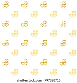 Seamless Valentines day background with random hand drawn falling golden hearts isolated on white.