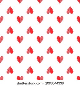El pasado del día de San Valentín sin inconfundibles con el corazón del doodle rojo. Patrón decorativo. 