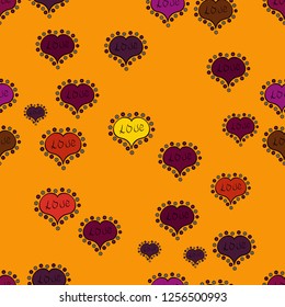 Seamless Valentines Day background of yellow, purple and black hearts. Symbol of love for the label gift packages. Flower petal in shape of heart confetti. Transparent vector effect. Decor element.