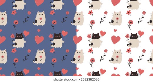 Seamless Valentine's Day cat pattern in two colors. Cute kittens, hearts, and flowers for prints and decor.