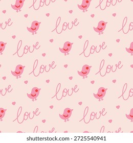 Diseño de San Valentín sin fisuras en rojo, rosa y blanco. Corazón, pájaro, texto de amor, y diseño colorido combinado.