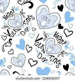 Seamless Valentine's Day doodle pattern in blue and black. A pattern of lettering, hearts, bunnies and monograms. Vector illustration.