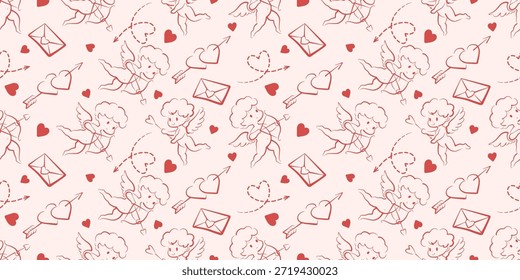 Modelo inconsútil del doodle del día de San Valentín con los muchachos cupido lindos, los corazones, las flechas y las letras del amor en rojo sobre fondo blanco. Perfecto para estampados textiles románticos y papel de regalo