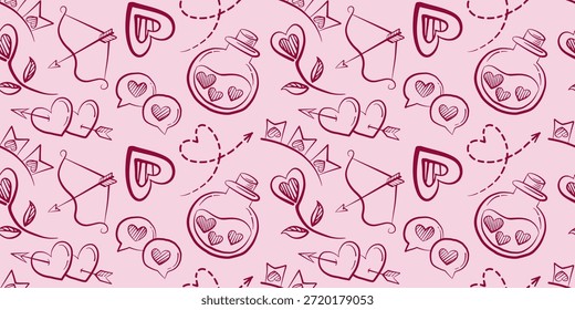 Modelo inconsútil del doodle del día de San Valentín que presenta el arco cupido, la poción del amor, los corazones, las flores y las banderas en fondo rosado. Ideal para papeles de regalo románticos, telas y estampados festivos