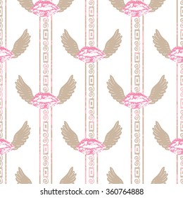 Seamless valentine's day elegant vintage pattern, flying lips, kisses, background, wallpaper, print in pink brown colors