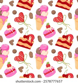 Seamless Valentines Day food pattern with heart shaped candy, chocolate, donut, lollipop and strawberry in cartoon style. Perfect for gift wrapping, cards, textile and romantic design.