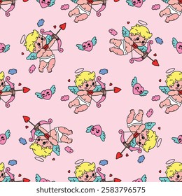 Seamless Valentine's Day pattern with adorable cupids shooting heart arrows, flying among clouds and hearts