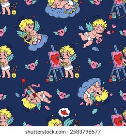 Seamless Valentine's Day pattern with adorable cupids playing harp, painting, shooting arrows, and blowing heart bubbles