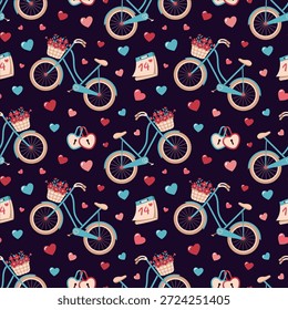 Patrón de San Valentín sin fisuras con bicicletas, canastas de flores, corazones, candados de amor y calendario sobre fondo oscuro. Ilustración vectorial plana romántica para la materia textil, empaquetado, Fondo de pantalla, tarjetas de felicitación 
