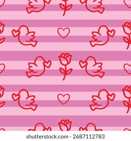 Patrón de San Valentín sin fisuras con pájaros, rosas y corazones sobre fondo rosa dibujado a mano