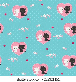 Seamless Valentine's Day pattern. Black and white kittens in love. 