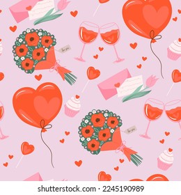 Seamless valentine's day pattern with bouquets, balloons, glasses. Vector graphics.