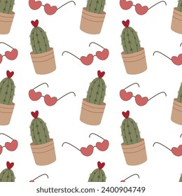 Seamless valentines day pattern Cactus and sunglasses in the shape of hearts For background greeting card wrapping paper