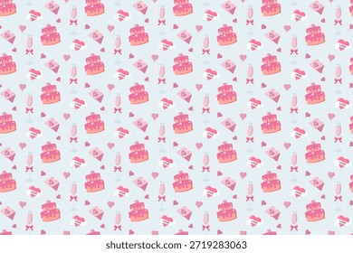 Seamless Valentines Day pattern with cakes, mugs, heart balloons, bows, champagne glasses, envelopes, party hats, and LOVE boxes on pastel blue. Perfect for festive wrapping paper and romantic designs