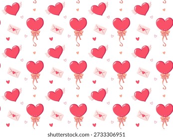 Seamless Valentines Day pattern with cartoon heart balloons, winged hearts and love letters. Hand drawn vector background 