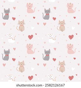 Seamless valentines day pattern with cats and hearts in flat style. Valentines day background. Pattern for stationary, textile prints, wrapping paper. Vector illustration.