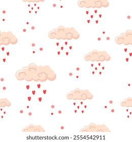 Seamless Valentine's Day Pattern with cloud, Love, rain,  Hearts on white Background. Vector illustration