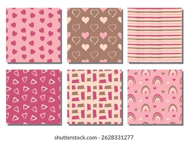 Seamless Valentine's Day pattern collection featuring hearts, rainbows, stripes, and geometric shapes in pink, red, beige, and brown tones