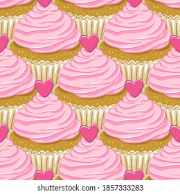 Seamless Valentine's Day pattern with cupcakes. Pink cupcake with hot pink heart. Bright vector background for Valentine's Day wrapping paper, cards, fabrics etc. 
 Cupcake with cream cheese frosting.