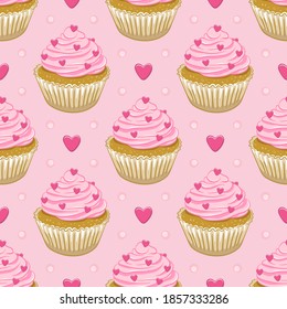 Seamless Valentine's Day pattern with cupcakes. Pink cupcake with hot pink hearts. Bright vector background for Valentine's Day wrapping paper, cards, fabrics etc. Cupcake with frosting.