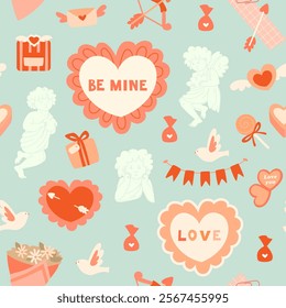 Seamless Valentine's Day pattern with cupids, hearts, flags, bouquet, gifts, doves. Vintage style. Suitable for wrappers, backgrounds, wallpapers, textiles