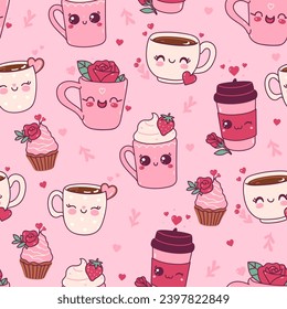 Seamless valentine's day pattern with cute mugs. Vector graphics.