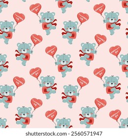 Seamless Valentine's day pattern. A cute teddy bear with a heart and a ball. Vector illustration. It can be used in packaging, wallpaper, printing on fabric.