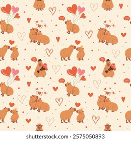 Seamless Valentine's Day Pattern with Cute Capybaras. Flat Design for Romantic Theme with cute animals in love. Vector