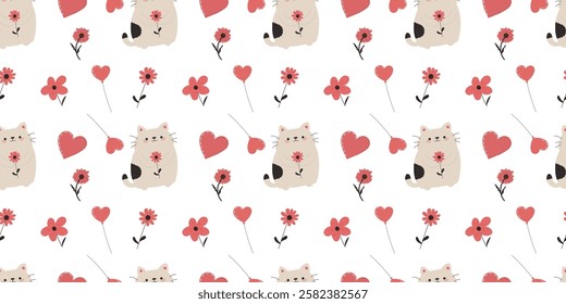 Seamless Valentine's Day pattern with cute cats, hearts, and flowers. Perfect for prints, fabrics, and decor