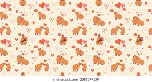 Seamless Valentine's Day Pattern with Cute Capybaras. Vector