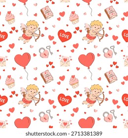 Padrão perfeito do Dia dos Namorados com cupido bonito, corações, balões, cartas de amor, cupcakes e símbolos românticos. Mão doce desenhado ilustração para papel de embrulho, têxteis, cartões e fundos