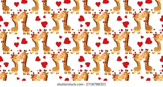 Padrão de Dia dos Namorados sem costura com casal de girafa bonito cercado por corações vermelhos no fundo branco. Perfeito para têxteis românticos, envoltório de presentes, cartões de felicitações e projetos temáticos de amor