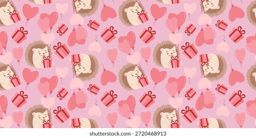 Patrón inconsútil del día de San Valentín con el erizo lindo, las cajas de regalo rosadas y los globos del corazón. Perfecto para estampados textiles, papel de regalo, fondos románticos y diseños con temas de amor