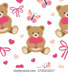 Seamless Valentine's Day pattern with cute teddy bears holding hearts, butterflies, and bows. A cute and romantic design for baby showers, or children's textiles.