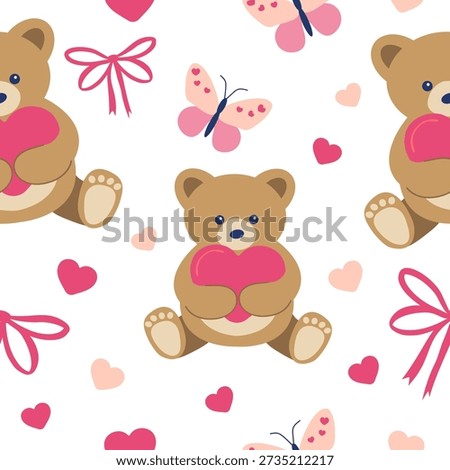 Seamless Valentine's Day pattern with cute teddy bears holding hearts, butterflies, and bows. A cute and romantic design for baby showers, or children's textiles.