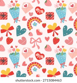 Un patrón de San Valentín sin fisuras con flores delicadas, corazones, regalos y un sobre. Perfecto para una tarjeta de felicitación, invitación o tela. Vector.