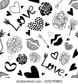Seamless Valentine's Day pattern in doodle style. Pattern of lettering, hearts, lips, arrows, roses. Vector illustration.