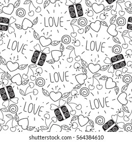 seamless Valentine's day pattern in doodle style. vector background with hearts,leaves,cherry,gifts,love. design for coloring book,wrapping paper.