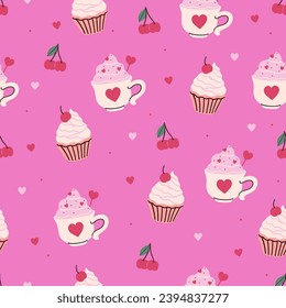 Seamless valentine's day pattern with drinks and cakes. Vector graphics.