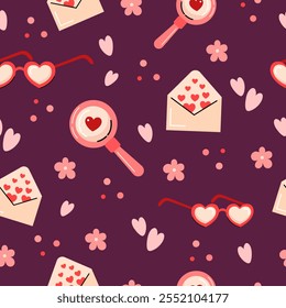 Seamless Valentine's Day Pattern with Envelopes, Love Glasses Hearts  on Purple Background. Vector
