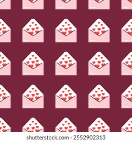 Patrón sin fisuras del día de San Valentín con sobres, amor, corazones sobre fondo púrpura. Vector