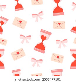 Seamless Valentine's Day Pattern with Envelopes, Love, Hearts hourglass on white Background. Vector 