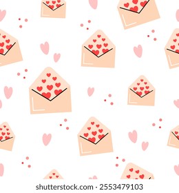Seamless Valentine's Day Pattern with Envelopes, Love, Hearts on white Background. Vector 