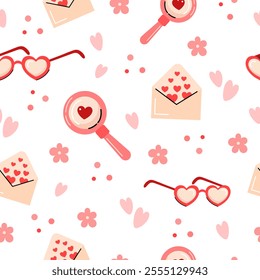 Seamless Valentine's Day Pattern with Envelopes, Love Glasses Hearts  on white Background. Vector