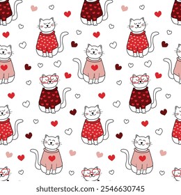 Un patrón de San Valentín sin fisuras con gatos de estilo doodle enamorados, perfecto para estampados románticos en tela, papel de regalo o tarjetas de felicitación.