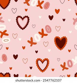 Seamless Valentine's Day pattern featuring ruffled hearts, linear hearts, and a text sticker with "xoxo." Love, feelings, emotions, and declarations. Perfect for textiles, prints, and gift wrap