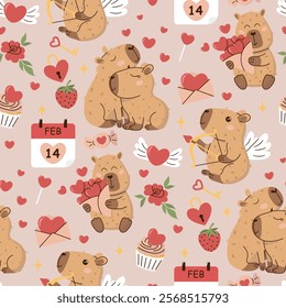 A seamless Valentine's Day pattern featuring cute capybaras, hearts, flowers, and romantic elements. Perfect for gift wrap, fabric, wallpapers, and digital designs. Playful and whimsical style.